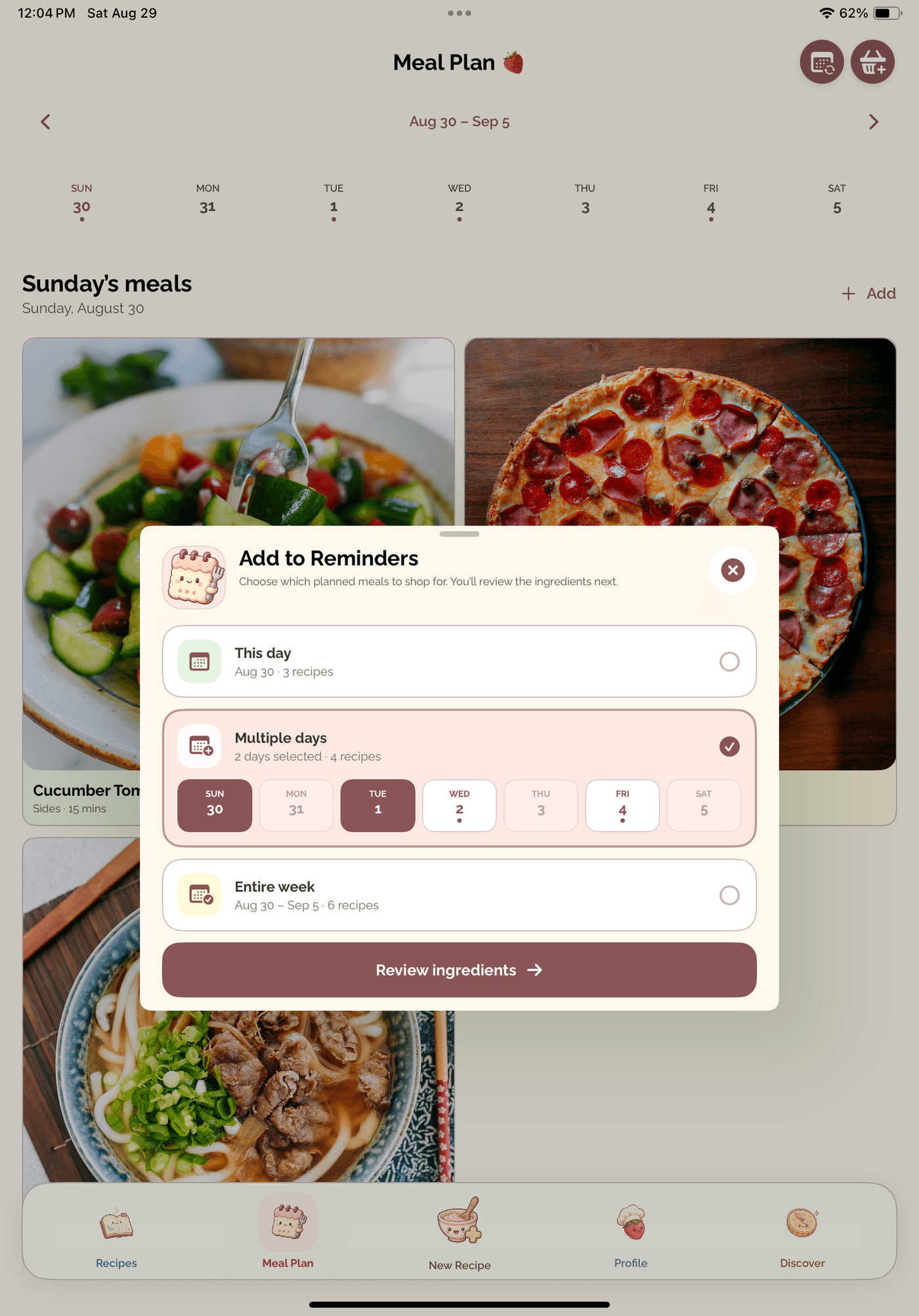 eten Add to Reminders sheet choosing which planned days to shop for before reviewing ingredients