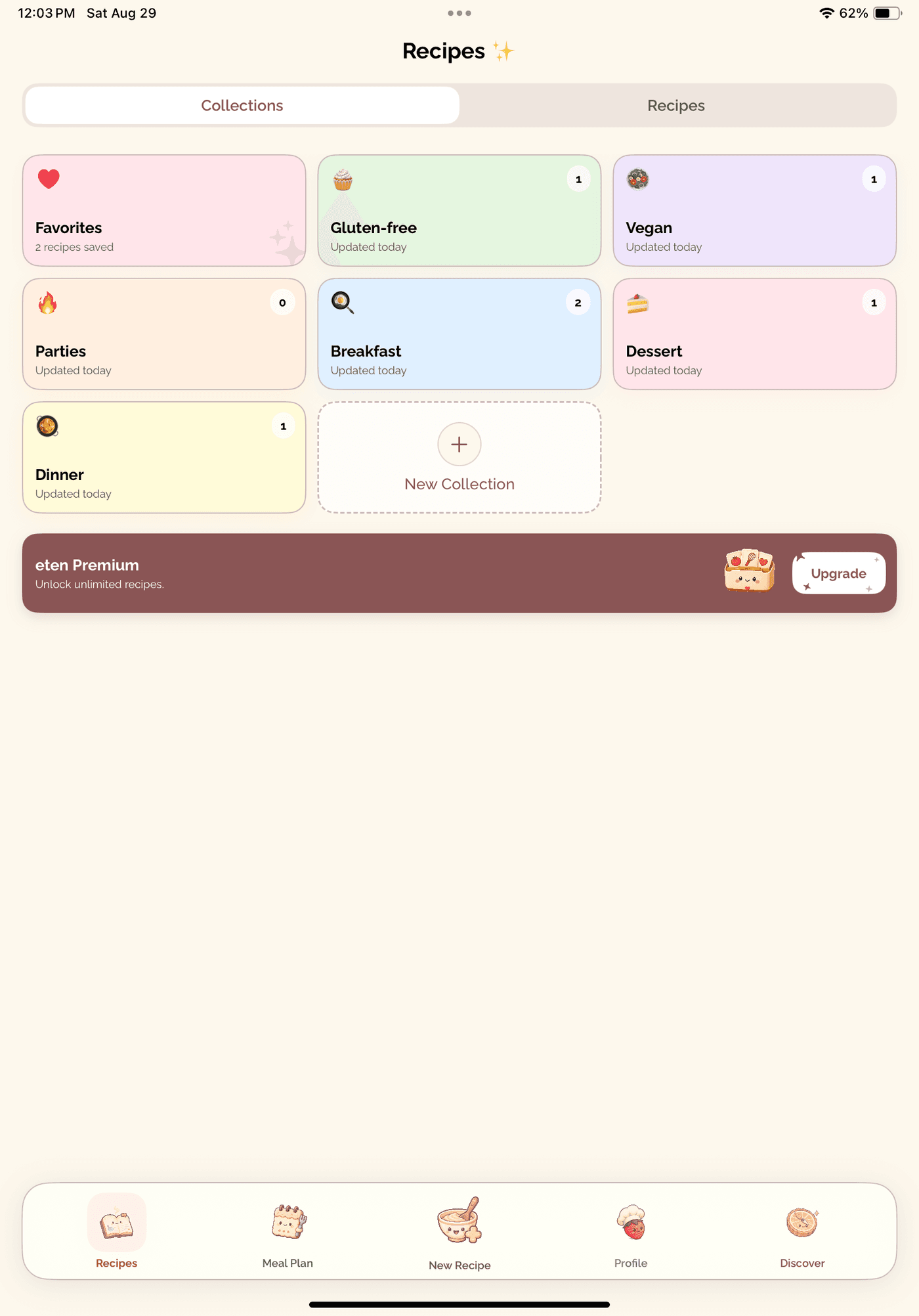 eten Collections: favorites, gluten-free, vegan, parties, breakfast, and dessert folders