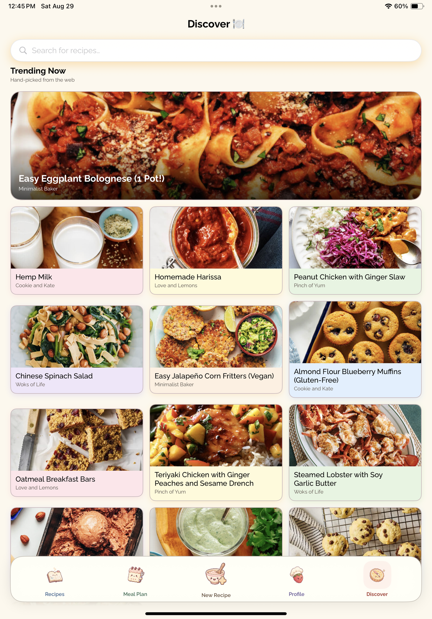 eten Discover feed with a search bar and trending recipe cards