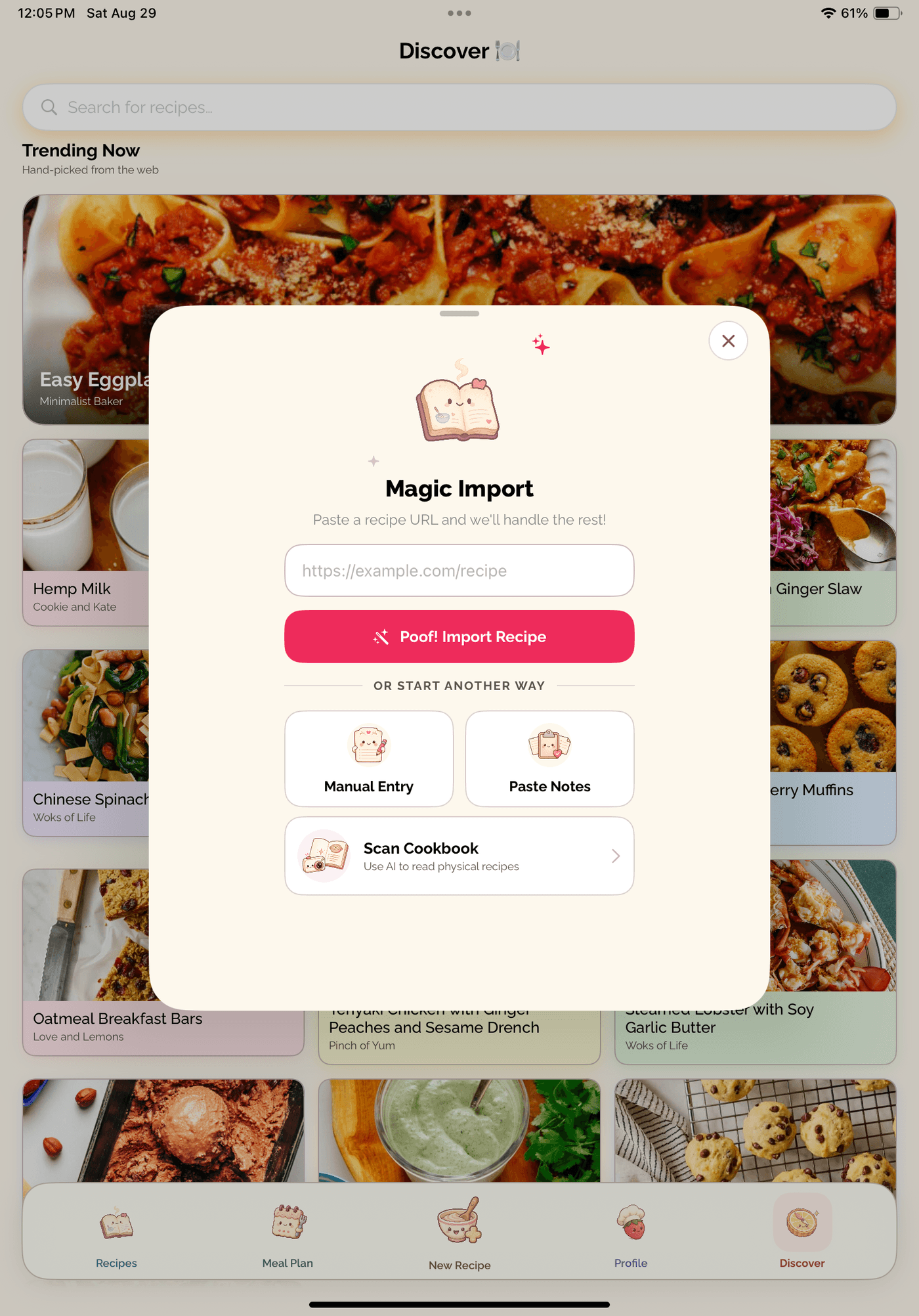 eten Magic Import: paste a recipe URL, enter manually, paste from Notes, or scan a cookbook