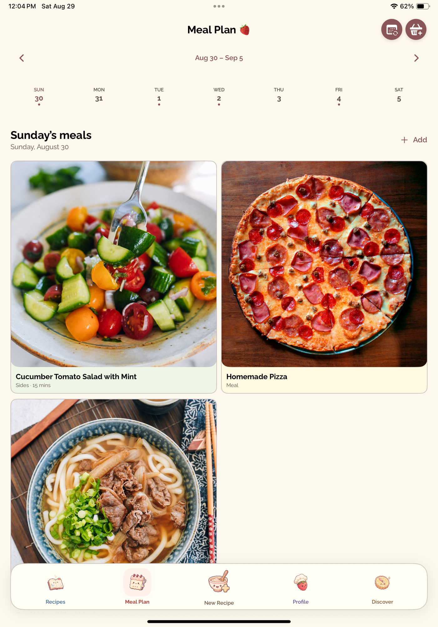 eten Meal Plan for the week of August 30, with Sunday's planned recipes shown as photo cards